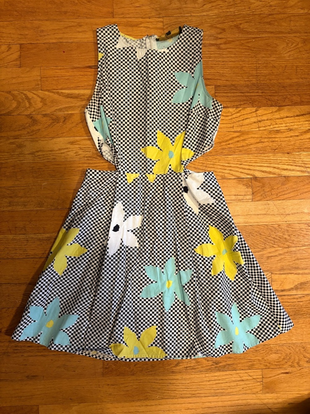 ModCloth Blue & Yellow Floral Check Sleeveless Dress with cut outs